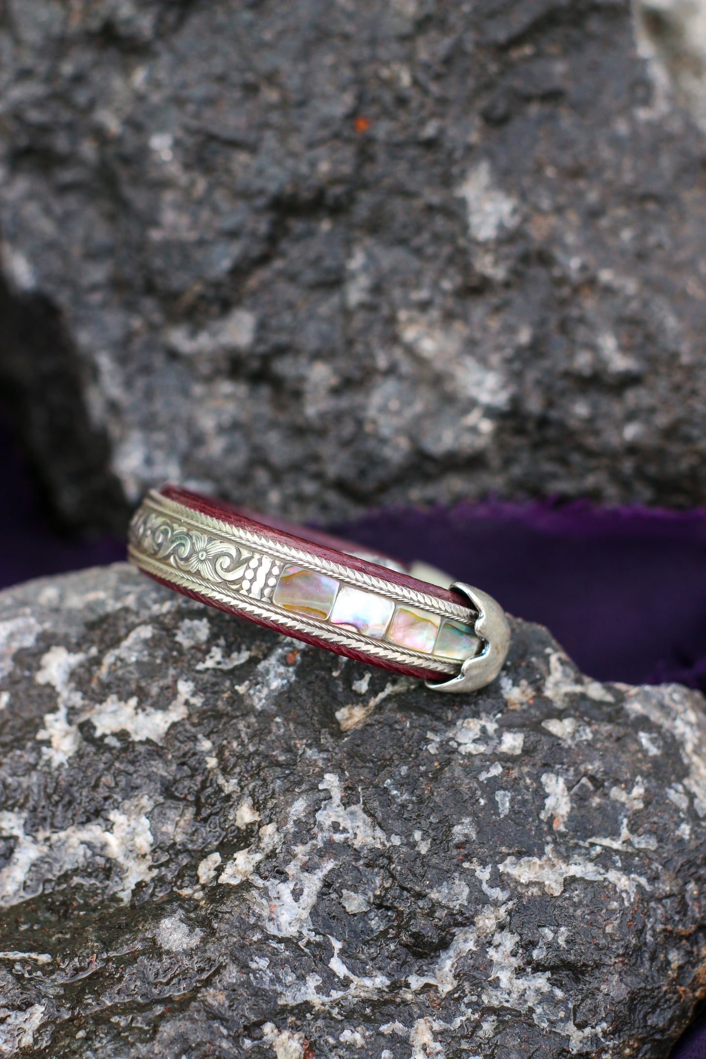 Ramona/ Patterned sterling silver, Abalone shell on the side bar, sterling tips