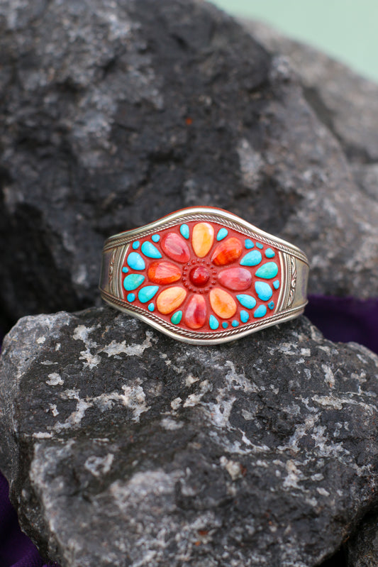Ramona/ Very High Grade Coral Center,Orange & Red Spiny petals, Fine Silver Side Bars & Sterling