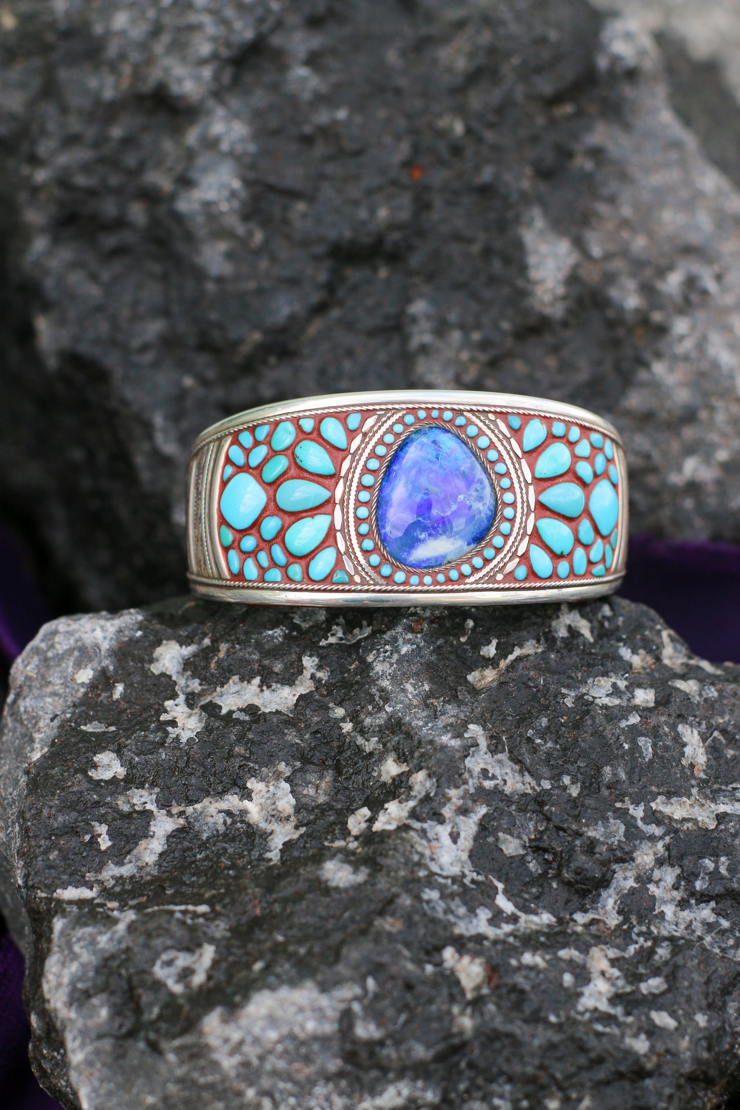 Ramona/ Triple High Grade Opal Center, Kingman Turquoise, Fine Silver Side Bar & Sterling tips