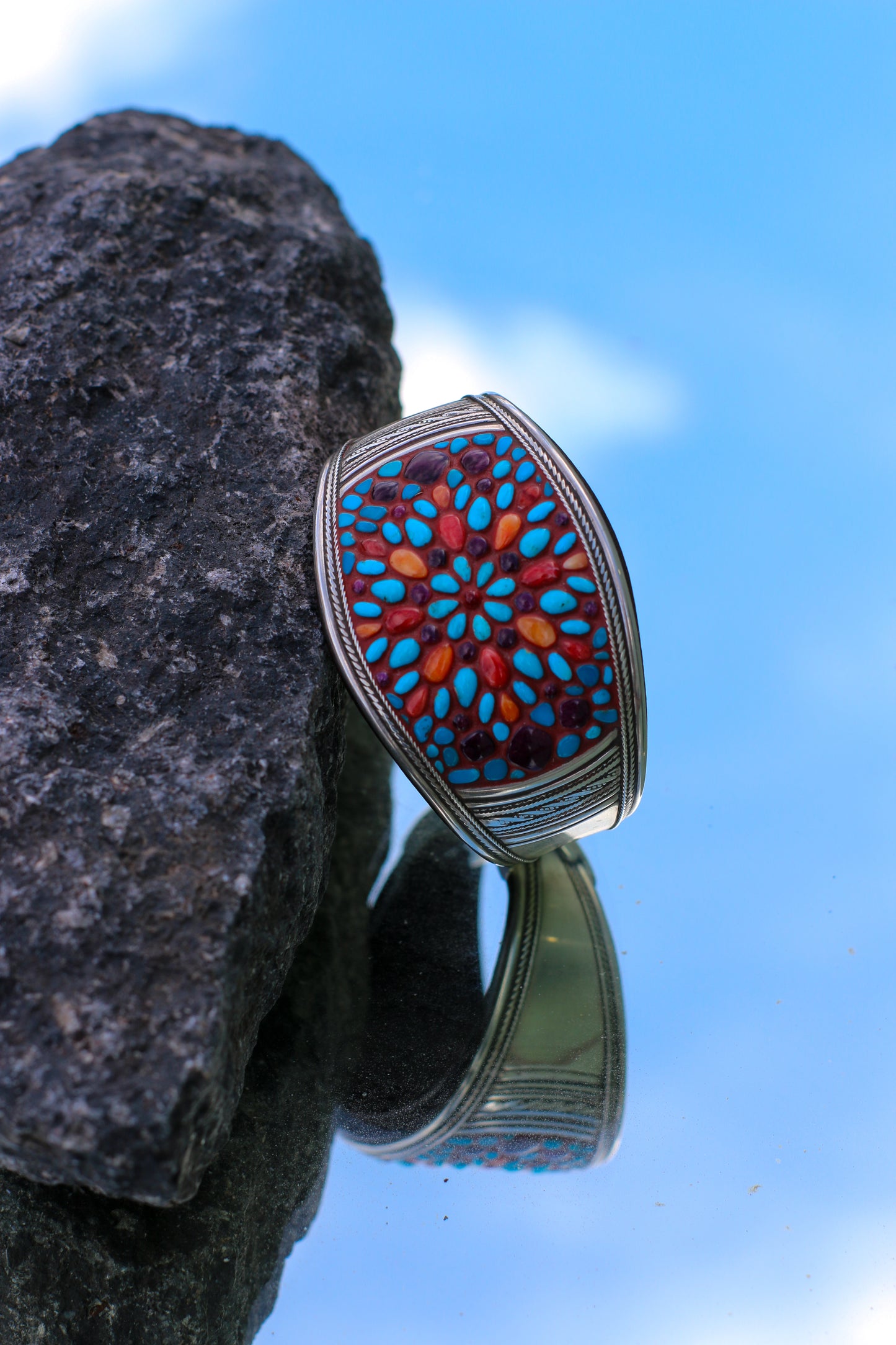 Ramona/ High Grade Red, Orange, & Purple Spiny, Kingman Turquoise in flower Burst Design, Fine Silver Side Bars & Sterling