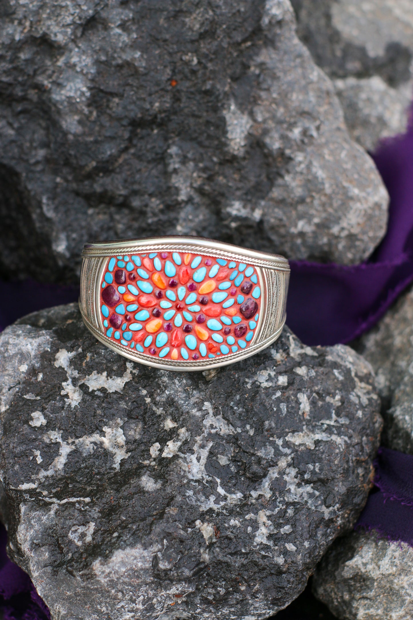 Ramona/ High Grade Red, Orange, & Purple Spiny, Kingman Turquoise in flower Burst Design, Fine Silver Side Bars & Sterling