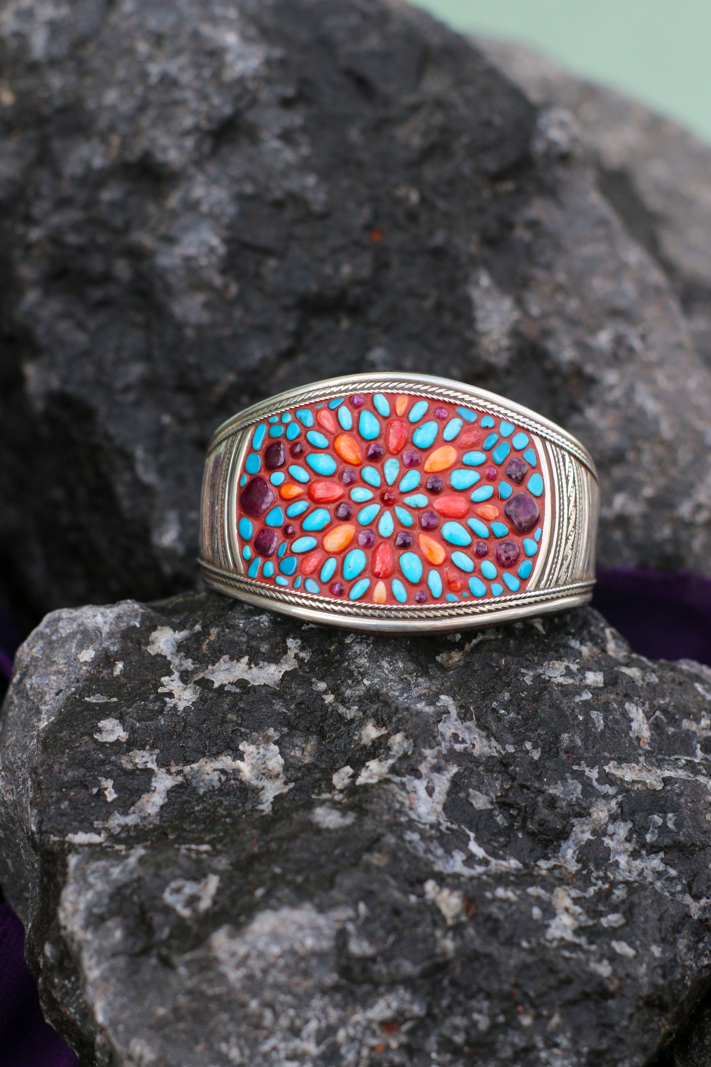 Ramona/ High Grade Red, Orange, & Purple Spiny, Kingman Turquoise in flower Burst Design, Fine Silver Side Bars & Sterling