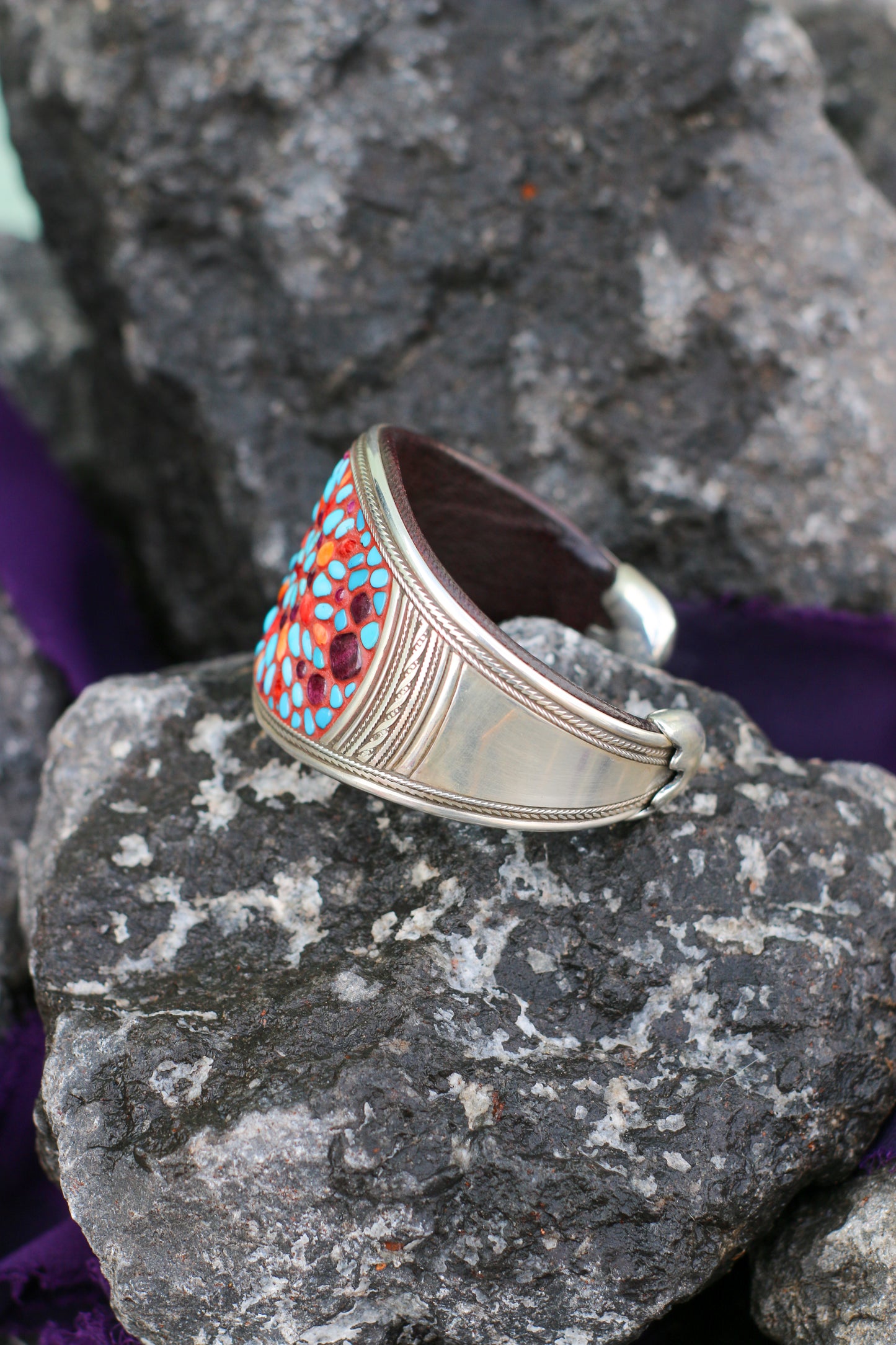 Ramona/ High Grade Red, Orange, & Purple Spiny, Kingman Turquoise in flower Burst Design, Fine Silver Side Bars & Sterling