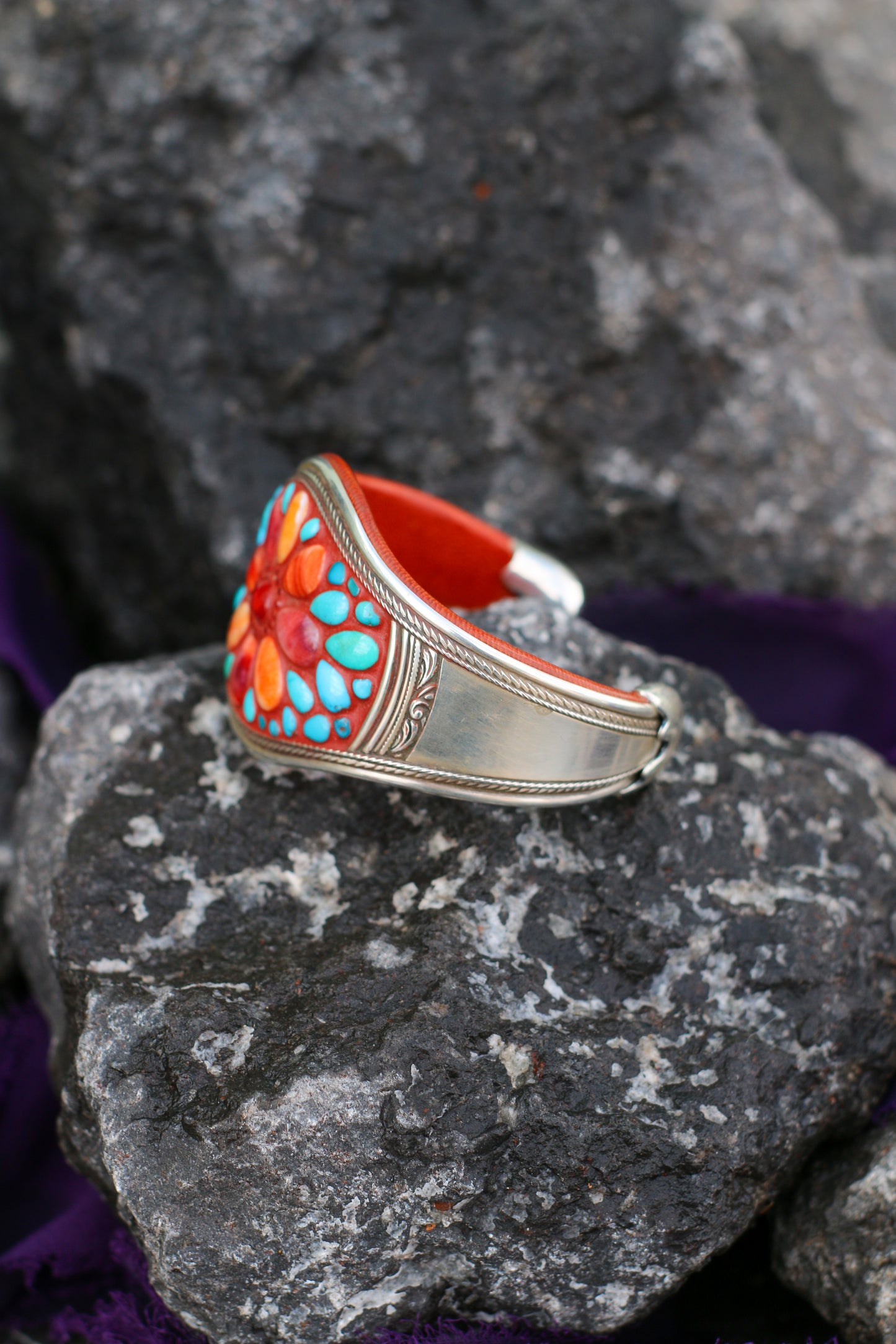 Ramona/ Very High Grade Coral Center,Orange & Red Spiny petals, Fine Silver Side Bars & Sterling